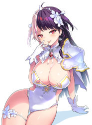 Rule 34 | 1girl, ahoge, arm support, armor, bare shoulders, black hair, braid, breasts, bright pupils, cleavage, clothing cutout, covered navel, detached collar, earrings, gloves, gold trim, hairband, jewelry, large breasts, leotard, multicolored hair, nijisanji, pauldrons, red eyes, shoulder armor, side cutout, single pauldron, sitting, smile, solo, split-color hair, strapless, strapless leotard, thigh strap, thighs, tongue, tongue out, two side up, v, virtual youtuber, white gloves, white hair, white leotard, yorumi rena, yorumi rena (8th costume), zaxwu