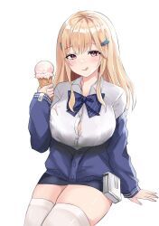 Rule 34 | 1girl, :q, belt pouch, blonde hair, blue bow, blue bowtie, blue jacket, blush, bowtie, breasts, button gap, cleavage, collared shirt, food, goddess of victory: nikke, hair ornament, ice cream, jacket, kohana (princessxhana), large breasts, long hair, looking at viewer, melting, off-shoulder jacket, off shoulder, pencil skirt, pink eyes, pouch, puffy sleeves, shirt, simple background, sitting, skirt, sleeves past wrists, solo, thighhighs, tia (nikke), tongue, tongue out, white background, white shirt, white thighhighs