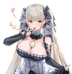 Rule 34 | 1girl, azur lane, blush, bow, breasts, choker, cleavage, detached sleeves, earrings, formidable (azur lane), hair bow, heart, hey taisyou, highres, jewelry, large breasts, long hair, maid, red eyes, simple background, solo, tongue, tongue out, twintails, upper body, white background