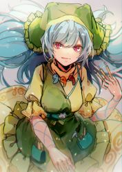 Rule 34 | 1girl, absurdres, apron, arm ribbon, between fingers, blue hair, blue ribbon, bow, breasts, brush, dress, flower, green apron, green bow, green headwear, green scarf, hair between eyes, hand up, haniyasushin keiki, head scarf, highres, holding, jewelry, leaf, long hair, looking at viewer, magatama, magatama necklace, medium breasts, necklace, one-hour drawing challenge, open mouth, pink eyes, pocket, puffy short sleeves, puffy sleeves, ribbon, scarf, shometsu-kei no teruru, short sleeves, smile, solo, touhou, white flower, yellow dress, yellow sleeves