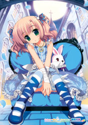 Rule 34 | 1girl, absurdres, alice (alice in wonderland), alice (alice in wonderland) (cosplay), alice in wonderland, bandages, blonde hair, blue dress, blue footwear, blue theme, blue upholstery, blush, rabbit, rabbit hair ornament, cosplay, couch, cross, dress, frills, fujima takuya, full moon, green eyes, hair ornament, highres, looking at viewer, mary janes, moon, night, open mouth, original, petals, pocket watch, scan, shoes, sitting, sleeveless, solo, stuffed animal, stuffed rabbit, stuffed toy, twintails, v arms, watch, window, wrist wrap
