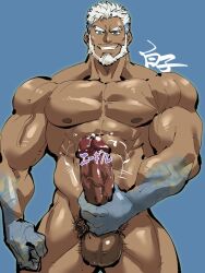 Rule 34 | 1boy, abs, aegir (housamo), aqua hair, bara, beard, blue eyes, censored, censored by text, come hither, cowboy shot, dark-skinned male, dark skin, earrings, erection, facial hair, fins, fish boy, flexing, flexing pectorals, full beard, grin, highres, huge penis, jewelry, large pectorals, looking at viewer, male focus, mature male, mosaic censoring, multicolored hair, muscular, muscular male, mustache stubble, nipples, pectorals, penis, precum, seductive smile, shirako (kirupi), short hair, smile, solo, streaked hair, stubble, testicle hair, thick beard, thick thighs, thighs, tokyo houkago summoners, veins, veiny penis, white hair