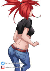 Rule 34 | 1girl, ass, breasts, butt crack, creatures (company), denim, excaliblader, flannery (pokemon), from behind, game freak, highres, jeans, long hair, looking at viewer, looking back, medium breasts, nintendo, pants, pokemon, pokemon rse, ponytail, red eyes, red hair, sideboob, sketch, smile, solo
