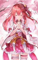 Rule 34 | 1girl, bell, bridal garter, cherry blossoms, closed eyes, closed mouth, commentary request, detached sleeves, hair bell, hair between eyes, hair ornament, highres, hololive, interlocked fingers, isaya (pixiv4541633), japanese clothes, kimono, long hair, own hands together, petals, pink hair, sakura miko, sakura miko (1st costume), solo, standing, thigh strap, thighs, virtual youtuber, white kimono, wide sleeves