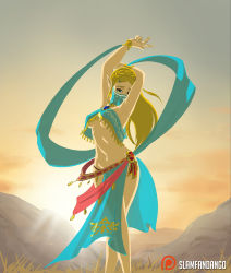 Rule 34 | 1girl, alternate costume, armpits, backlighting, blonde hair, breasts, breasts apart, covered mouth, elf, gerudo outfit, gerudo set (zelda), green eyes, hair ornament, half-closed eyes, harem outfit, highres, jewelry, legs, loincloth, long hair, looking at viewer, mask, mountain, mouth mask, mouth veil, navel, necklace, nintendo, no bra, no panties, outdoors, panties, parted bangs, pelvic curtain, pointy ears, princess zelda, see-through, slam fandango, small breasts, solo, standing, stomach, the legend of zelda, underwear, veil
