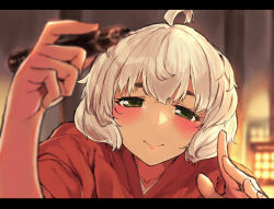 Rule 34 | 1girl, ahoge, blush, commentary request, green eyes, highres, holding, holding marker, japanese clothes, kimono, letterboxed, long sleeves, looking at viewer, marker, michikusaya, poco (backboa), short hair, smile, solo, suzushiro (michikusaya), white hair, wide sleeves