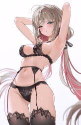 Rule 34 | 1girl, ahoge, armpits, arms behind head, arms up, bare arms, bare shoulders, black bra, black panties, blurry, bra, breasts, brown hair, brown thighhighs, cowboy shot, depth of field, fymrie, garter belt, gluteal fold, green eyes, hair ribbon, highres, lace, lace-trimmed bra, lace-trimmed panties, lace trim, lingerie, long hair, looking at viewer, low twintails, medium breasts, multicolored hair, navel, original, panties, parted lips, red hair, ribbon, sidelocks, simple background, solo, standing, stomach, streaked hair, string bra, sweat, thighhighs, thighs, twintails, two-tone hair, underwear, underwear only, very long hair, white background