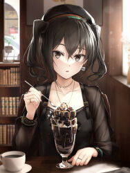 Rule 34 | 1girl, black eyes, black hair, black hat, black shirt, blurry, blurry background, book, bookshelf, breasts, collarbone, crossed bangs, cup, earrings, food, hair between eyes, hat, highres, holding, holding spoon, ice cream, ice cream spoon, idolmaster, idolmaster cinderella girls, indoors, jewelry, light blush, looking at viewer, medium hair, mole, mole under eye, multiple rings, nakata (nkt vvd), necklace, parted lips, ring, saucer, see-through, see-through sleeves, shirt, small breasts, solo, spoon, sunazuka akira, sundae, table, twintails, window