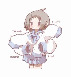 Rule 34 | 1girl, black eyes, blue neckerchief, blue skirt, blush, brown hair, closed mouth, commentary request, cowboy shot, cropped legs, dot mouth, english text, expressionless, extra arms, highres, long sleeves, medium hair, miniskirt, neckerchief, nikamoka, original, pleated skirt, school uniform, serafuku, shirt, sidelocks, simple background, skirt, sleeves past fingers, sleeves past wrists, solo, standing, white background, white shirt