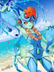 Rule 34 | 1girl, artist request, beach, blue sky, clothing cutout, digimon, digimon (creature), female focus, fins, frog girl, helmet, monster girl, navel cutout, one-piece swimsuit, ranamon, sky, solo, swimsuit, water, wide hips