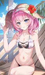 1girl absurdres areluna bad_id bad_twitter_id bare_shoulders bead_necklace beads bikini blue_eyes blue_sky breasts cleavage cloud commentary day elysia_(honkai_impact) elysia_(miss_pink_elf)_(honkai_impact) flower grin hairband hat hat_flower head_tilt hibiscus highres honkai_(series) honkai_impact_3rd jewelry looking_at_viewer navel necklace parted_lips pink_hair red_flower sitting sky small_breasts smile solo stomach sun_hat swimsuit white_hairband