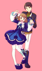 Rule 34 | 1boy, 1girl, breasts, brother and sister, brown eyes, brown hair, closed mouth, commentary request, dress, hair ornament, head tilt, high heels, holding hands, knees together feet apart, kresnik ahtreide, leg ribbon, looking at viewer, medium hair, open mouth, pantyhose, pink background, ribbon, short hair, siblings, side ponytail, simple background, smile, standing, standing on one leg, white pantyhose, wild arms, wild arms 4, yulie ahtreide