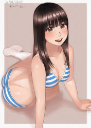 Rule 34 | 1girl, arm support, ass, blue bra, blue panties, blush, bra, breasts, brown eyes, brown hair, butt crack, leaning forward, long hair, looking at viewer, looking back, open mouth, original, panties, sitting, smile, solo, striped bra, striped clothes, striped panties, underwear, underwear only, zenkou