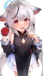 Rule 34 | 1girl, absurdres, animal ears, blue archive, blush, breasts, commentary request, grey hair, hair between eyes, halo, highres, kokona (blue archive), long hair, nomio, open mouth, orange eyes, pencil, simple background, small breasts, solo, stamp mark, teeth, white background