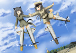 Rule 34 | 2girls, absurdres, animal ears, belt, black hair, cloud, cloudy sky, contrail, day, erica, erica (naze1940), eye contact, flagpole, glasses, holding hands, hat, highres, long hair, looking at another, military, military uniform, multiple girls, original, purple eyes, ribbon, short hair, shorts, sky, strike witches, striker unit, tail, temple, uniform, world witches series
