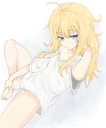Rule 34 | 1girl, bare legs, blonde hair, blue eyes, closed mouth, gabriel dropout, highres, kyouta (02squadstars), messy hair, oversized clothes, oversized shirt, shirt, simple background, solo, gabriel tenma white