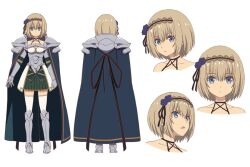 1girl armor armored_boots armored_gloves blonde_hair blue_eyes boots cape reference_sheet collarbone full_body grimms_notes grimms_notes_the_animation hair_ornament jeanne_d&#039;arc_(grimms_notes) kawashima_hisashi multiple_views open_mouth short_hair simple_background skirt white_background