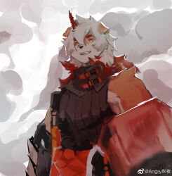 Rule 34 | 1boy, absurdres, angryhuiye, animal ears, arknights, brown fur, cowboy shot, dog boy, dog ears, furry, furry male, grin, highres, holding, holding shield, horns, hung (arknights), looking at viewer, male focus, multicolored hair, orange eyes, pectorals, shield, single horn, smile, smoke, solo, streaked hair, two-tone fur, unfinished, white hair