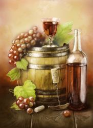 Rule 34 | alcohol, bad id, bad pixiv id, barrel, bottle, commentary request, cork, corkscrew, cup, drink, drinking glass, floor, food, fruit, glass bottle, grapes, leaf, mawaritaira, original, realistic, still life, wine, wine bottle, wine glass, wooden floor