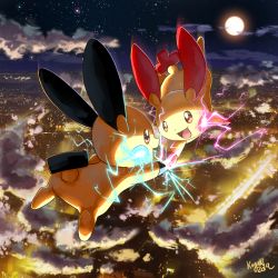 Rule 34 | 2019, city, cloud, cloudy sky, commentary request, creatures (company), electricity, eye contact, falling, full body, game freak, gen 3 pokemon, happy, highres, ko-yuki-chan, looking at another, minun, night, night sky, nintendo, no humans, plusle, pokemon, pokemon (creature), scenery, signature, sky