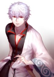 Rule 34 | 1boy, absurdres, bokken, commentary request, curly hair, fukaiji, gintama, gradient background, grey background, hair between eyes, highres, japanese clothes, kimono, long sleeves, looking at viewer, male focus, parted lips, red eyes, sakata gintoki, silver hair, solo, sword, water, weapon, white kimono, wide sleeves, wooden sword