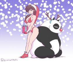 Rule 34 | 1girl, bikini, boots, breasts, brown eyes, brown hair, christmas, christmas present, cleavage, covered erect nipples, eyebrows hidden by hair, fake antlers, fake nose, full body, fur trim, gift, gloves, groin, hat, large breasts, legs, long hair, looking at viewer, low ponytail, panda, ranma 1/2, santa hat, saotome genma, simple background, sitting, smile, standing, swimsuit, tendou kasumi, thighs, yashiro a. marino