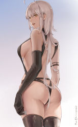 Rule 34 | 1girl, ahoge, ass, back, bad id, bad pixiv id, bare shoulders, black gloves, black panties, black thighhighs, breasts, butt crack, commentary, condom, cowboy shot, elbow gloves, fate/grand order, fate (series), from behind, gloves, highres, holding, holding condom, jeanne d&#039;arc (fate), jeanne d&#039;arc alter (avenger) (fate), jeanne d&#039;arc alter (fate), large breasts, long hair, looking at viewer, looking back, md5 mismatch, panties, parted lips, resolution mismatch, revision, rifu (643763873), silver hair, smile, solo, source larger, standing, thighhighs, underwear, yellow eyes