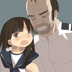 Rule 34 | 10s, 1boy, 1girl, angry, bad id, bad pixiv id, balding, blush, brown hair, crossover, d;, eyebrows, grand theft auto, grand theft auto v, hand on another&#039;s neck, hatsuyuki (kancolle), kantai collection, looking at viewer, one eye closed, open mouth, rockstar, school uniform, serafuku, teardrop, teeth, trevor philips, wince, zakone