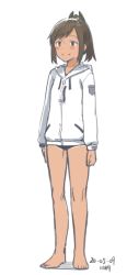 Rule 34 | 1girl, alternate costume, artist name, brown eyes, brown hair, dated, full body, hair ornament, hairclip, hood, hooded jacket, hoodie, i-401 (kancolle), jacket, kantai collection, kawashina (momen silicon), ponytail, school swimsuit, short ponytail, simple background, solo, standing, swimsuit, swimsuit under clothes, tan, white background, white jacket