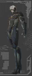 Rule 34 | 1boy, absurdres, armor, binary, blue eyes, character name, copyright name, cyborg, eyepatch, full body, grey background, highres, male focus, metal gear (series), metal gear rising: revengeance, raiden (metal gear), science fiction, solo, standing, vetania, white hair