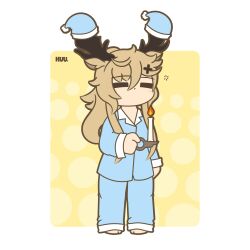 Rule 34 | 1girl, = =, absurdres, animal ears, antlers, arknights, artist name, blonde hair, blue pajamas, blue pants, blue shirt, candle, closed eyes, commission, deer antlers, deer ears, deer girl, fire, hair between eyes, hair ornament, hat, hat on antlers, highres, horns, kuhl-notes, long hair, nightcap, pajamas, pants, pixiv commission, shirt, simple background, squeans, solo, viviana (arknights), yellow background