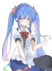 Rule 34 | 1girl, 258n, absurdres, alternate hairstyle, apron, black hat, blouse, blue hair, blue skirt, bow, bowtie, buttons, dress shirt, food, food-themed hair ornament, frills, fruit, hair ornament, hat, highres, hinanawi tenshi, leaf, leaf hair ornament, long hair, neck ribbon, peach, peach hair ornament, puffy short sleeves, puffy sleeves, rainbow order, red bow, red eyes, ribbon, shirt, short sleeves, simple background, skirt, solo, touhou, twintails, unworn hat, unworn headwear, white background, white shirt, wing collar