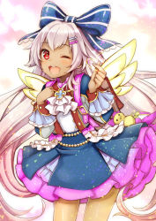 Rule 34 | 1girl, ;d, backpack, bag, bird, blue bow, blue skirt, blush, bow, chick, cowboy shot, hair bow, hair ornament, hairclip, hand on own chest, heart, high-waist skirt, highres, hilo (joy hero), holding, long hair, looking at viewer, mireille (shironeko project), one eye closed, open mouth, petticoat, pilokey, randoseru, red eyes, shironeko project, skirt, smile, solo, standing, striped, striped bow, tan, teeth, very long hair, white hair, wings
