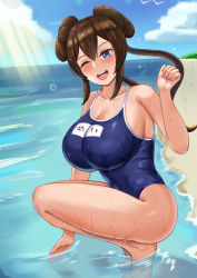 Rule 34 | 1girl, alternate breast size, alternate costume, bare legs, bare shoulders, barefoot, beach, blue eyes, blue one-piece swimsuit, blush, breasts, brown hair, cleavage, collarbone, creatures (company), double bun, from side, game freak, hair between eyes, hair bun, highres, huge breasts, impossible clothes, impossible swimsuit, large breasts, long hair, looking at viewer, nail polish, nintendo, one-piece swimsuit, one eye closed, open mouth, pink nails, pleia desu, pokemon, pokemon bw2, rosa (pokemon), school swimsuit, sidelocks, sky, smile, solo, squatting, sunlight, swimsuit, thighs, wading, water, wet