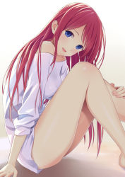 Rule 34 | 1girl, :d, bare shoulders, blue eyes, bottomless, brown background, eyebrows hidden by hair, feet out of frame, gradient background, knees up, long hair, long sleeves, looking at viewer, n.g., naked shirt, off-shoulder shirt, off shoulder, open mouth, original, red hair, shirt, sitting, smile, solo, swept bangs, thighs, very long hair, white background, white shirt