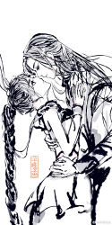 Rule 34 | 1boy, 1girl, banchang xiansheng, braid, braided ponytail, douluo dalu, dress, expressionless, from side, greyscale, hand on another&#039;s back, hand on another&#039;s hip, highres, ink (medium), long hair, looking at another, looking down, looking up, monochrome, ponytail, staring, tang san, traditional media, white background, xiao wu (douluo dalu)