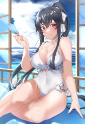 Rule 34 | 1girl, black hair, breasts, casual one-piece swimsuit, cleavage, cosplay, food, frilled one-piece swimsuit, frilled swimsuit, frills, headband, highres, kantai collection, large breasts, long hair, looking at viewer, one-piece swimsuit, ponytail, popsicle, red eyes, sagiri (kancolle), sagiri (kancolle) (cosplay), side-tie swimsuit, sidelocks, solo, swimsuit, white one-piece swimsuit, window, yahagi (kancolle), z (knkr1025)