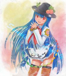 Rule 34 | 1girl, :d, adapted costume, blue hair, boots, cross-laced footwear, female focus, food, fruit, hat, hinanawi tenshi, interlocked fingers, knee boots, lace-up boots, long hair, looking at viewer, mayo riyo, open mouth, panties, pantyshot, peach, race queen, red eyes, sample watermark, smile, solo, striped clothes, striped panties, touhou, traditional media, underwear, very long hair, watermark