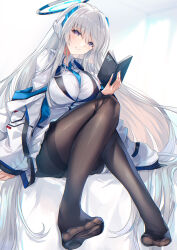 Rule 34 | 1girl, black pantyhose, blue archive, blue necktie, book, formal, halo, headgear, headphones, holding, holding book, inoue takuya (tactactak), jacket, long hair, looking at viewer, mechanical halo, necktie, no shoes, noa (blue archive), off shoulder, pantyhose, purple eyes, skirt, smile, suit, thighband pantyhose, two-sided fabric, two-sided jacket, white hair, white halo, white jacket, white skirt, white suit