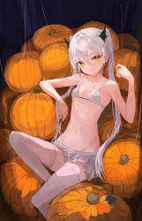 Rule 34 | 1girl, absurdres, bare arms, bare shoulders, bikini, breasts, closed mouth, commentary, demon girl, demon horns, demon tail, grey bikini, grey hair, grey skirt, grey thighhighs, groin, hair between eyes, halloween, hand up, head tilt, highres, horns, ichika (ichika87), looking at viewer, miniskirt, original, pleated skirt, pumpkin, skirt, small breasts, smile, solo, swimsuit, symbol-only commentary, tail, thighhighs, twintails, yellow eyes