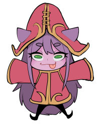 Rule 34 | 1girl, :p, absurdres, bad source, black pantyhose, chibi, colored skin, dress, ears through headwear, full body, green eyes, hat, highres, large hat, league of legends, long hair, looking at viewer, lulu (league of legends), pantyhose, purple hair, purple skin, red dress, red hat, sajji (sparrow), simple background, sleeves past fingers, sleeves past wrists, solo, tongue, tongue out, white background, wide sleeves, wizard hat, yordle