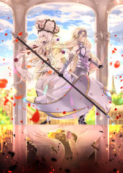 Rule 34 | 2girls, arch, armor, armored dress, bare shoulders, blonde hair, blue eyes, blue sky, boots, bow, braid, breasts, cloud, cloudy sky, commentary request, day, different reflection, dress, fate/apocrypha, fate/grand order, fate (series), flag, flower, frilled hat, frills, gauntlets, hair between eyes, hair bow, hair flower, hair ornament, hat, headpiece, high heel boots, high heels, highres, holding, holding flag, iroha (shiki), jeanne d&#039;arc (fate), jeanne d&#039;arc (ruler) (fate), jeanne d&#039;arc (third ascension) (fate), long hair, marie antoinette (fate), marie antoinette (third ascension) (fate), medium breasts, multiple girls, outdoors, petals, pillar, profile, purple bow, purple flower, purple rose, reflection, rose, silver hair, sitting, sky, sleeveless, sleeveless dress, standard bearer, standing, standing on one leg, thigh boots, thighhighs, twintails, very long hair, white dress, white footwear, white hat, white legwear