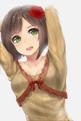 Rule 34 | 1girl, :d, absurdres, arms behind head, arms up, braco, bright background, brown hair, commentary, flower, green eyes, hair flower, hair ornament, highres, idolmaster, idolmaster cinderella girls, long sleeves, maekawa miku, open mouth, short hair, simple background, smile, solo, upper body, white background