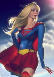 Rule 34 | 1girl, blonde hair, blue eyes, cape, collarbone, dc comics, emblem, freckles, highres, leandro franci, lipstick, makeup, nail polish, red cape, red legwear, red nails, red skirt, skirt, smile, solo, sunlight, supergirl, superman (series)