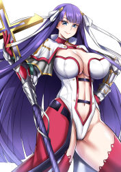 Rule 34 | 1girl, blue eyes, blunt bangs, breasts, center opening, choker, commentary request, cowboy shot, crosier, cross, cross choker, fate/grand order, fate (series), gauntlets, gloves, hand on own hip, highres, hime cut, large breasts, lc 7v2, long hair, looking at viewer, martha (fate), navel, purple hair, red gloves, simple background, smile, solo, staff, standing, straight hair