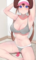 Rule 34 | 1girl, areola slip, arm behind head, armpits, arms up, blue eyes, bra, breasts, brown hair, condom, creatures (company), double bun, game freak, gatchan, grey bra, grey panties, hair bun, highres, large breasts, looking at viewer, mole, mole on breast, navel, nintendo, panties, partially visible vulva, pokemon, pokemon bw2, revision, rosa (pokemon), sitting, solo, stomach, sweat, thighs, twintails, underwear, underwear only, visor cap, wooden floor