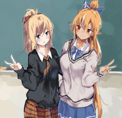 Rule 34 | 2girls, :o, black sweater, blonde hair, blue bow, blue eyes, blue skirt, bow, brown hair, brown skirt, chalkboard, closed mouth, collared shirt, commentary request, dark-skinned female, dark skin, grey sweater, hair bow, high ponytail, highres, hololive, hololive english, lamb (hitsujiniku), long hair, long sleeves, multiple girls, parted lips, plaid, plaid skirt, pleated skirt, pointy ears, ponytail, red eyes, school uniform, shiranui flare, shirt, skirt, sleeves past wrists, smile, sweater, v, very long hair, virtual youtuber, watson amelia, white shirt