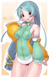 Rule 34 | 1girl, aqua hair, bare shoulders, breasts, detached sleeves, earrings, covered erect nipples, far-c, jewelry, kei jiei, long hair, looking at viewer, medium breasts, no panties, open mouth, original, puffy sleeves, red eyes, solo, tongue, tongue out, very long hair