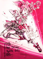 Rule 34 | 1girl, 2017, aiming, bow, bow (weapon), breasts, bubble skirt, commentary, dated, elbow gloves, english commentary, flying kick, full body, gloves, hair bow, happy birthday, inktober, kaname madoka, kicking, kneehighs, magical girl, mahou shoujo madoka magica, mahou shoujo madoka magica (anime), petticoat, pink background, pink bow, pink eyes, pink hair, puffy short sleeves, puffy sleeves, short sleeves, short twintails, signature, skirt, small breasts, socks, solo, sparklenaut, twintails, weapon, white gloves, white socks