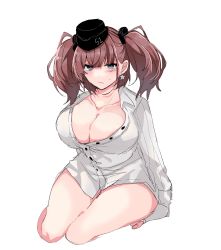Rule 34 | 1girl, 598 (kokuya), atlanta (kancolle), black hat, breasts, brown hair, cleavage, collarbone, commentary request, earrings, full body, garrison cap, grey eyes, hat, highres, jewelry, kantai collection, large breasts, long sleeves, looking at viewer, shirt, simple background, sitting, solo, star (symbol), star earrings, twintails, two side up, white background, white shirt, yokozuwari